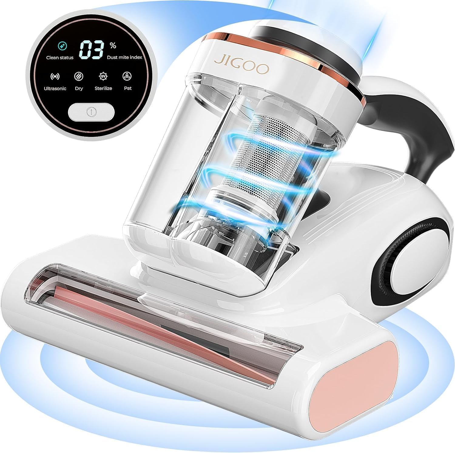 JIGOO J300 Milbensauger – Staubmilben-Sensor, UV & Ultraschall. Kompaktes, weißes Gerät entfernt Milben aus Textilien.