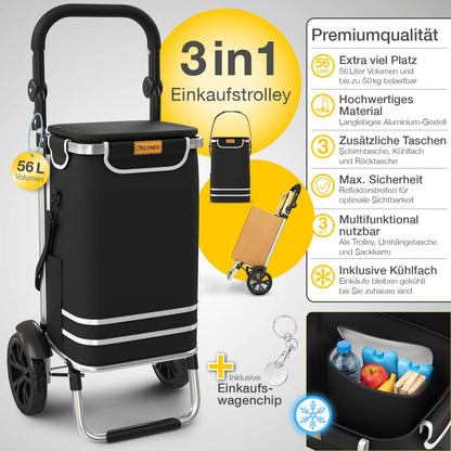 ELONEO Einkaufstrolley klappbar 3in1 mit Kühlfach, 56 l, schwarz