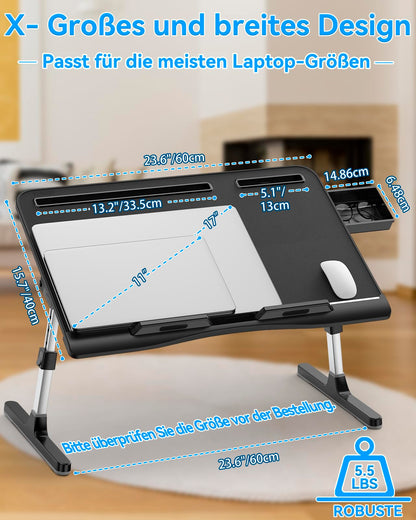Potuopy faltbarer Laptop Betttisch Leder, verstellbar – Schwarz 60x40cm