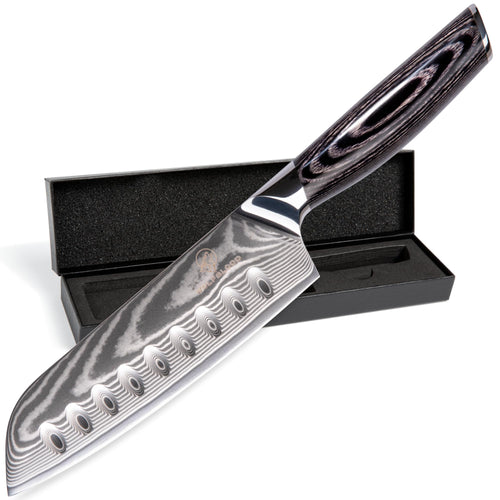 Wolfblood PRO Damast Santoku Messer XL - Profi Küchenmesser. Damast-Santoku-Klinge für präzises Schneiden und Zerkleinern.