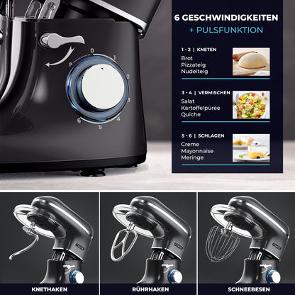 Fentic Küchenmaschine 2000W Edelstahl 6.2L Knetmaschine – Schwarz