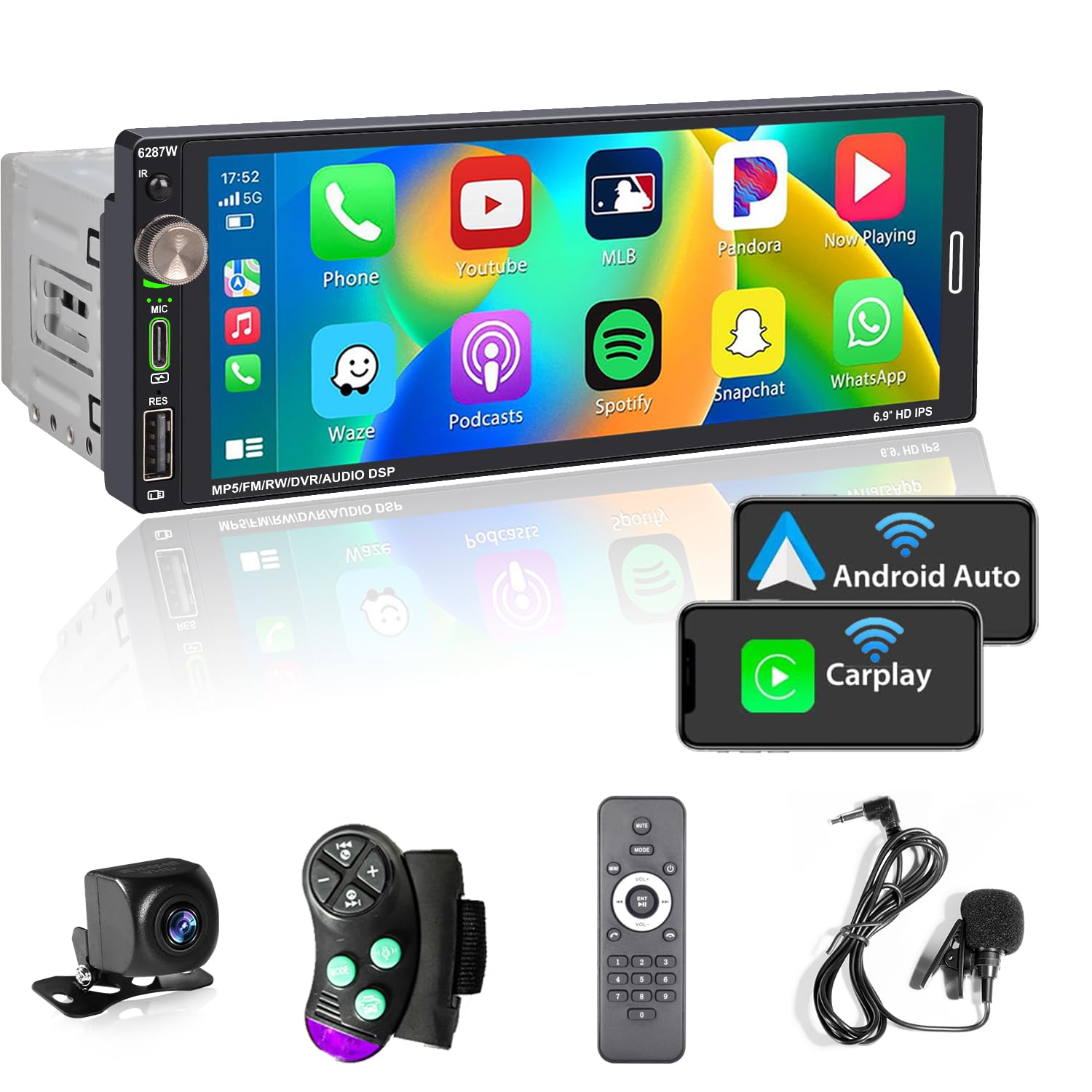 Alondy Autoradio 1Din - 6.9" Bildschirm Wireless CarPlay Android Auto. Schwarzer 1Din Touchscreen für Car-Navigation/Medien.