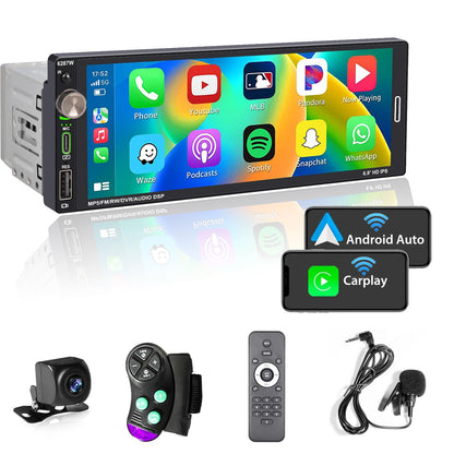Alondy Autoradio 1Din - 6.9" Bildschirm Wireless CarPlay Android Auto. Schwarzer 1Din Touchscreen für Car-Navigation/Medien.
