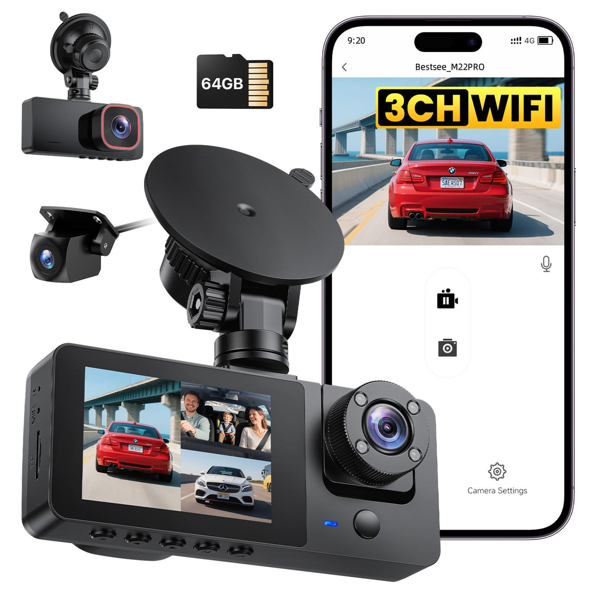 Bestsee M22pro 3-Kanal Dashcam Auto vorne hinten innen, 2.5K mit 2,35-Zoll-IPS-Display und Saugnapfhalterung