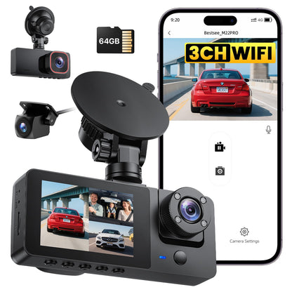Bestsee M22pro 3-Kanal Dashcam Auto vorne hinten innen, 2.5K mit 2,35-Zoll-IPS-Display und Saugnapfhalterung