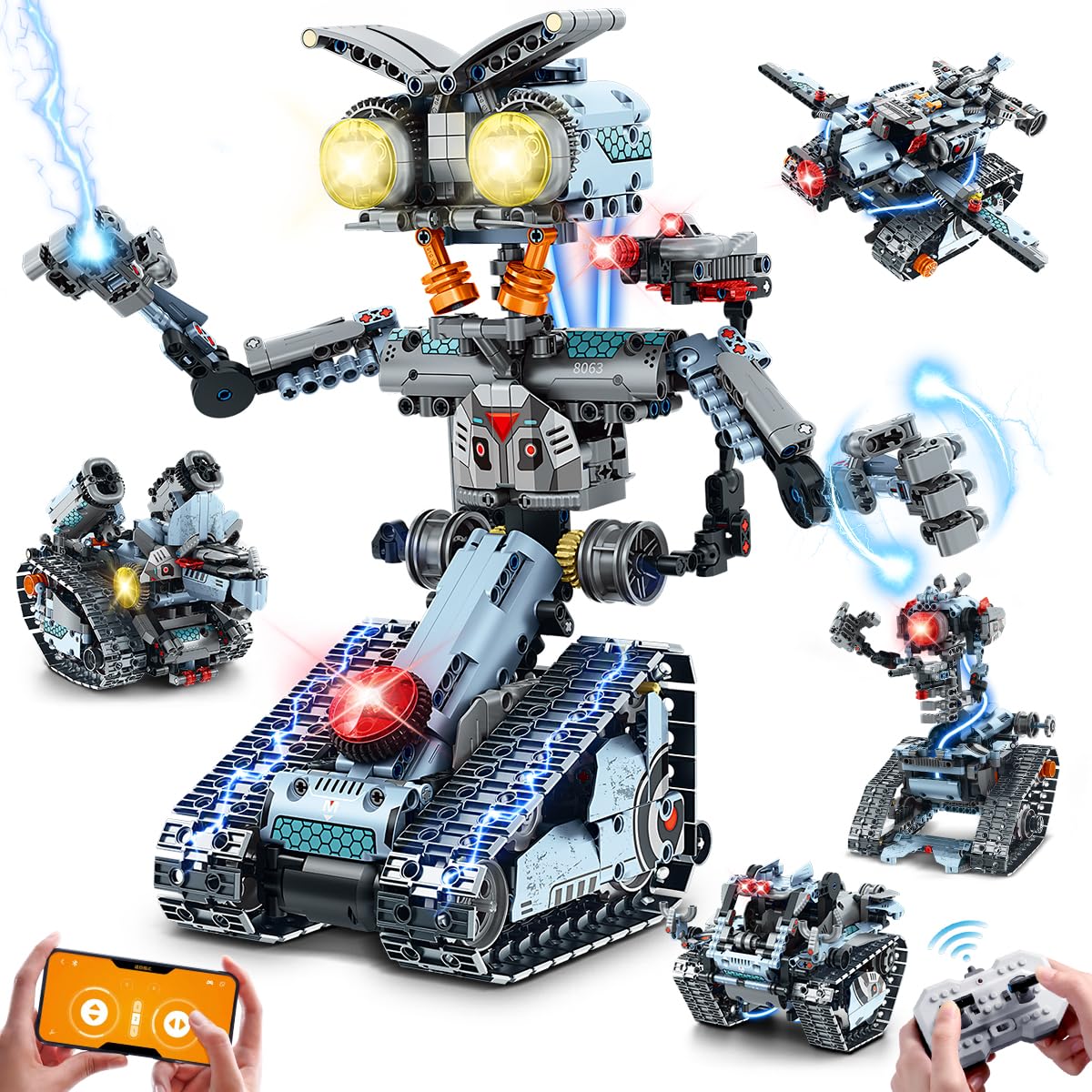 INSOON 5-in-1 Technik Roboter Bauset, RC Klemmbausteine mit App – motorisierter Roboter mit Raupen und LED-Licht