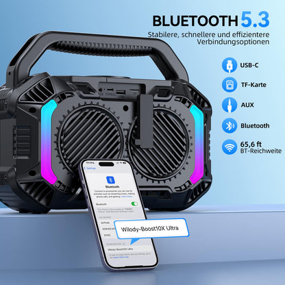 Wilody 100W Bluetooth Lautsprecher tragbar, IPX7 wasserdicht, Schwarz