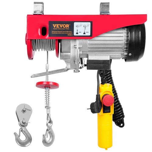 VEVOR Elektro-Seilwinde 300/600kg – 12m Hubhöhe, 1150W. Robuste, gelbe Seilwinde mit Stahlseil und Haken zum Heben von Lasten.