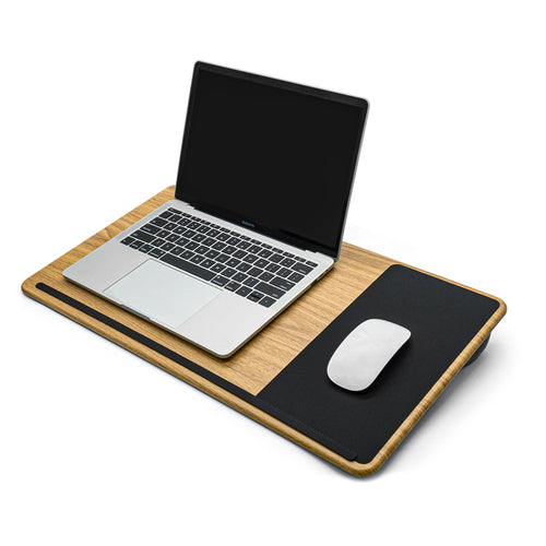 ergomi Laptoptisch mit Kissen – Laptopunterlage bis 17 Zoll, Holzoptik, Polsterunterseite und Mauspad