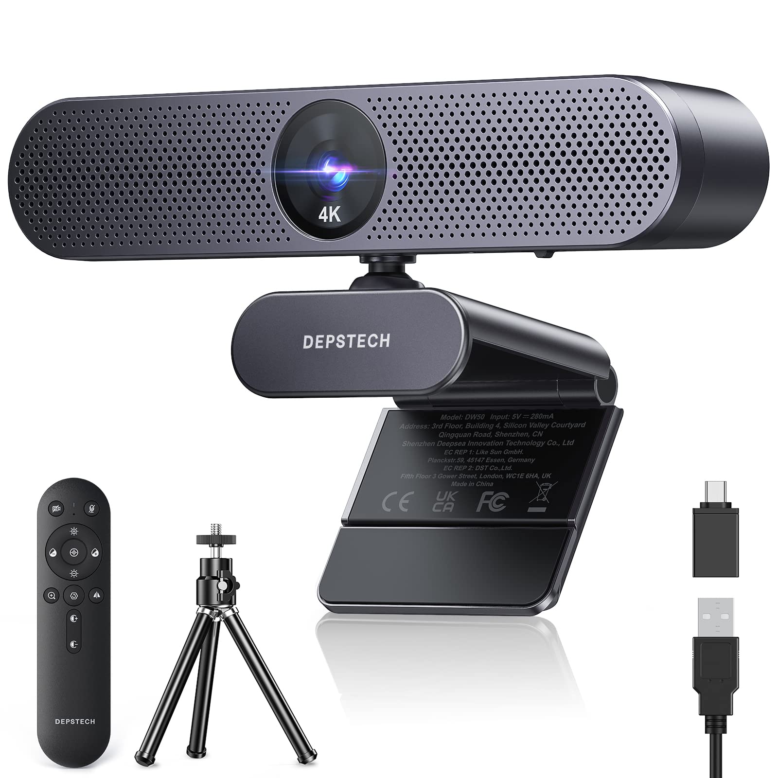 DEPSTECH DW50 Pro 4K UHD Webcam, schwarz, rechteckig. Ideal für Videoanrufe und Aufnahmen mit Autofokus und Mikrofon.