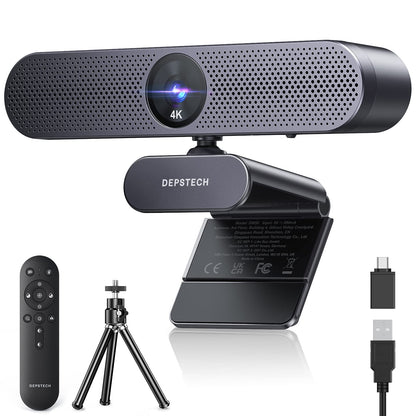 DEPSTECH DW50 Pro 4K UHD Webcam, schwarz, rechteckig. Ideal für Videoanrufe und Aufnahmen mit Autofokus und Mikrofon.