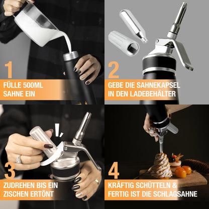 Thiru Sahnespender 500 ml mit 3 Edelstahltüllen, Schneeweiss