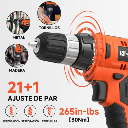 FADAKWALT Akkuschrauber 20V 30Nm mit 60-tlg. Zubehör-Set, 2-Gang
