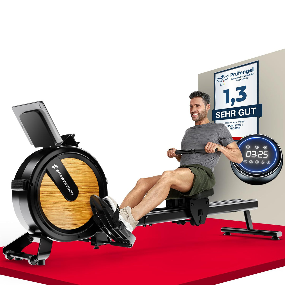 Sportstech PROwer Rudergerät für Zuhause Magnetwiderstand - Oak, aus Eichenholz. Ermöglicht effektives Ganzkörpertraining.