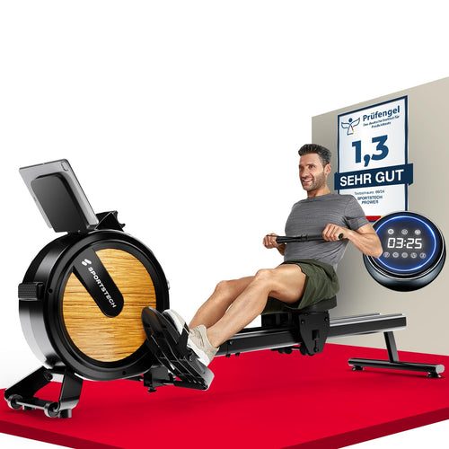 Sportstech PROwer Rudergerät für Zuhause Magnetwiderstand - Oak, aus Eichenholz. Ermöglicht effektives Ganzkörpertraining.