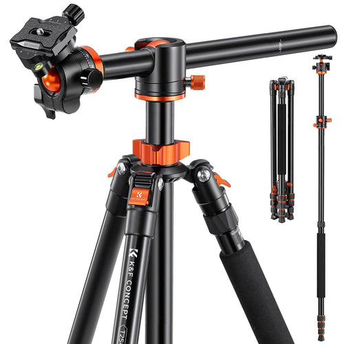 K&F Concept T254A8 Kamerastativ 238CM mit 90° Mittelsäule. Schwarzes, hohes Stativ zur Kamerastabilisierung. 90° Mittelsäule für Makro/Top-down-Aufnahmen.