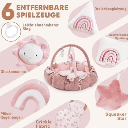 Mallify 5-in-1 Baby-Spielbogen mit Spieldecke und 6 Spielzeugen, rosa