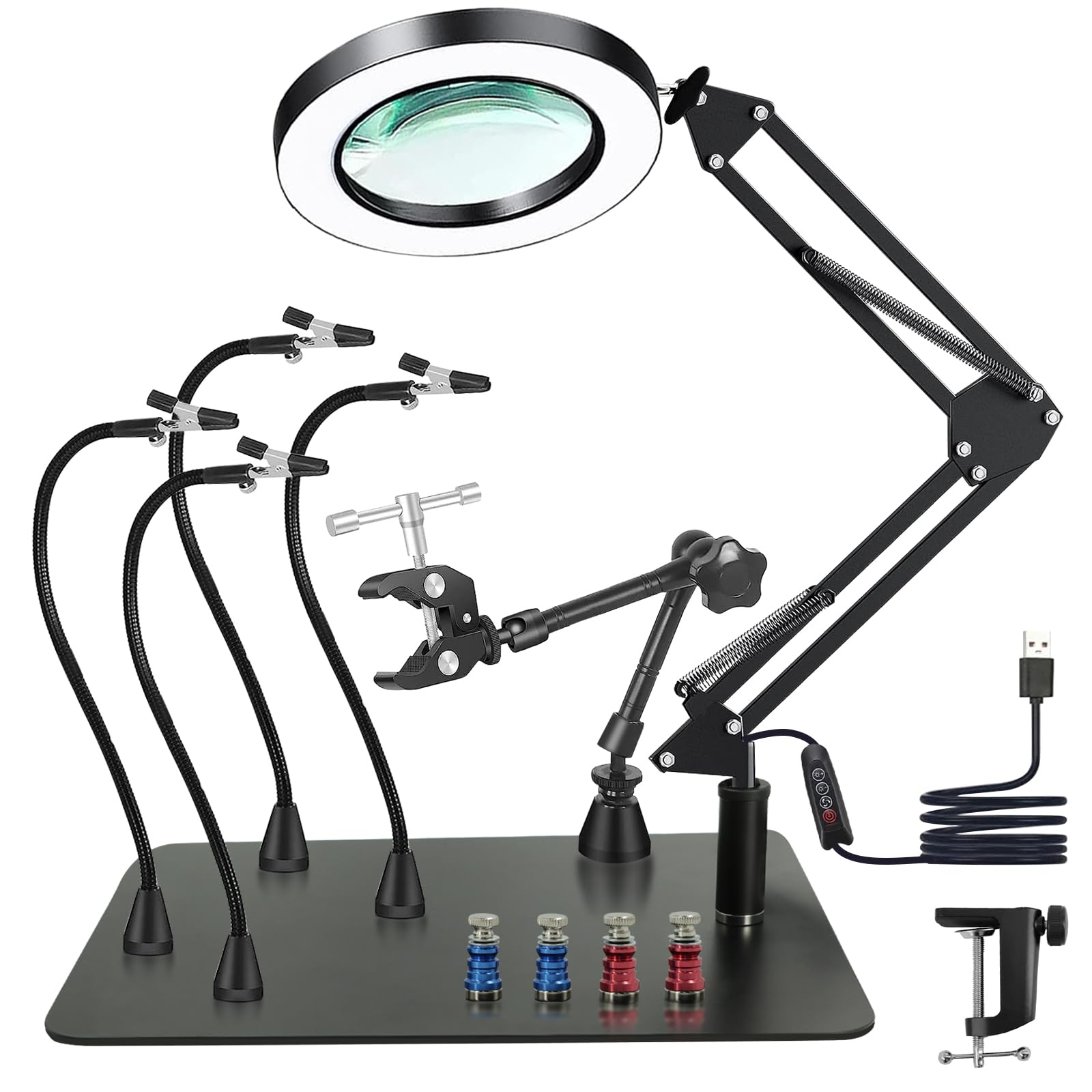Dritte Hand Löthilfe – Lupe, Licht, 4 flexible Arme & PCB-Halterung. Mit 4 biegsamen Armen & Lupe fixiert sie Bauteile zum präzisen Löten.
