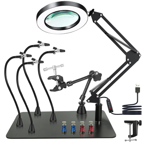 Dritte Hand Löthilfe – Lupe, Licht, 4 flexible Arme & PCB-Halterung. Mit 4 biegsamen Armen & Lupe fixiert sie Bauteile zum präzisen Löten.