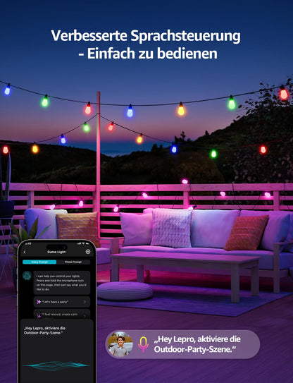 Lepro ZB1 AI LED Lichterkette aussen 15 m, RGB + Warmweiss, WLAN, IP65