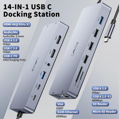 JESWO 14-in-1 USB-C Dockingstation mit 2x HDMI 4K, VGA und 100W PD