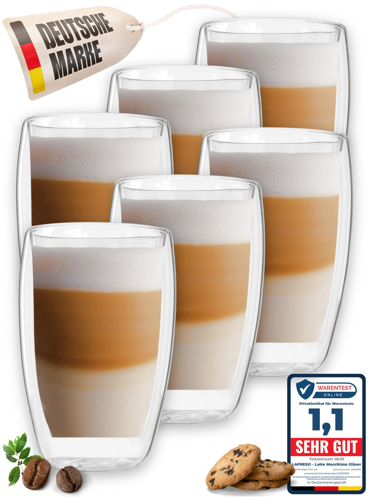 LAPRESO Latte Macchiato Gläser doppelwandig, 6er Set, 450 ml aus transparentem Borosilikatglas