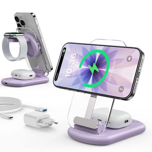 Mukiya 3-in-1 MagSafe Ladestation für iPhone, Apple Watch und AirPods, faltbar, Purple