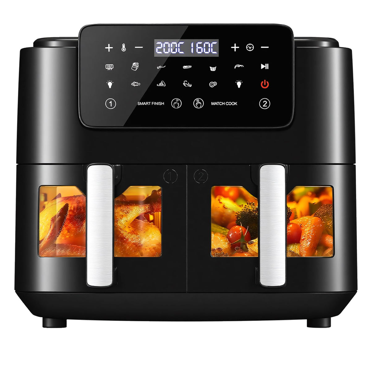 LLIVEKIT Heissluftfritteuse 9L Doppelkammer Airfryer mit Sichtfenster und zwei Schubladen
