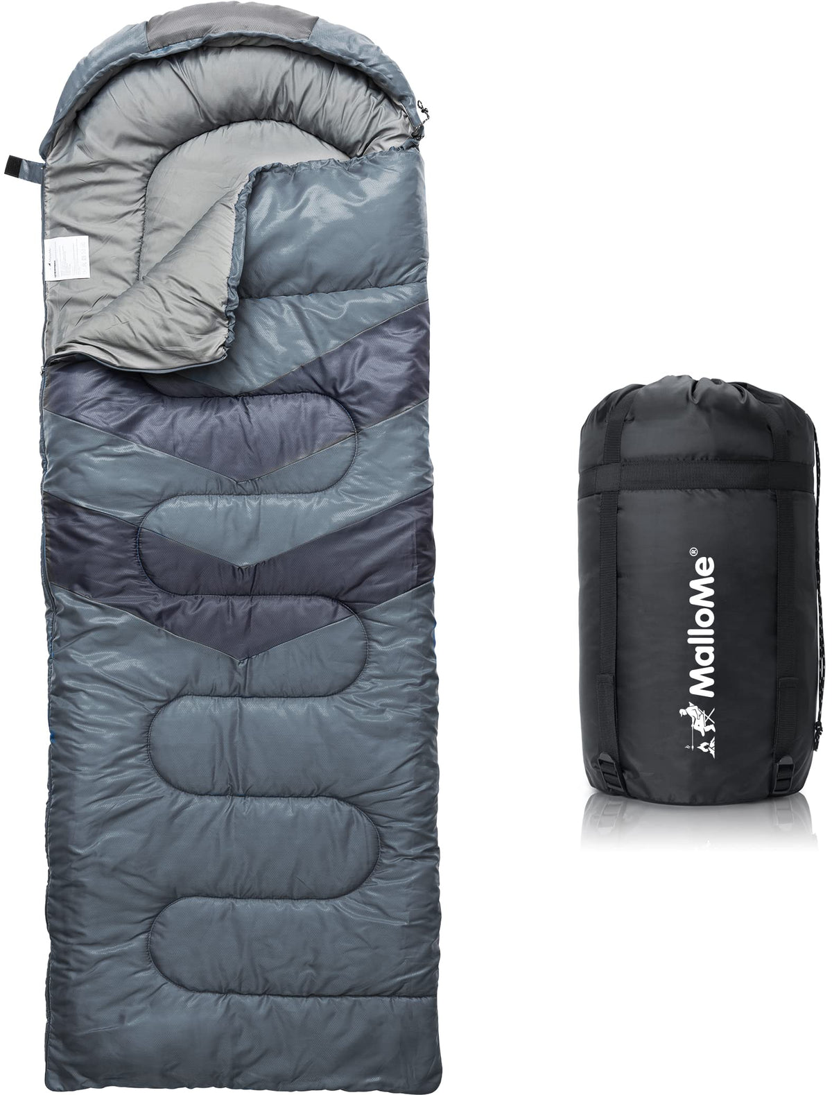 MalloMe Camping-Schlafsack 10–25 °C für Erwachsene und Kinder, Grau – mit Kompressionssack und Reissverschluss