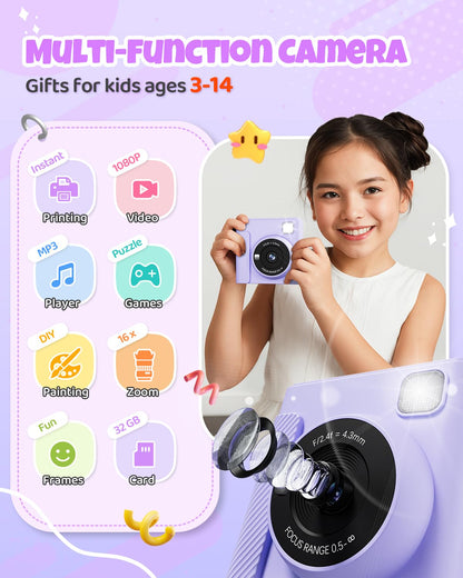 TIATUA Kinderkamera Sofortbildkamera X2 mit 32 GB Karte, lila