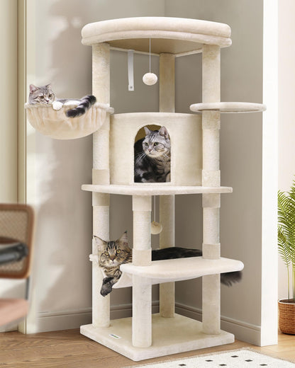 Globlazer Kratzbaum C51 Beige – 130 cm für grosse Katzen. Beiger Kratzbaum mit Sisal, Plüsch. Zum Kratzen, Klettern, Ruhen.