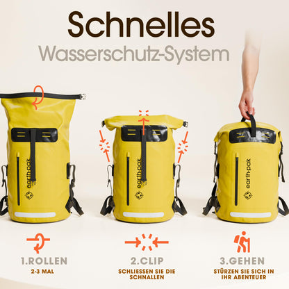 Earth Pak Summit wasserdichter Rucksack 35L Gelb mit Handyhülle