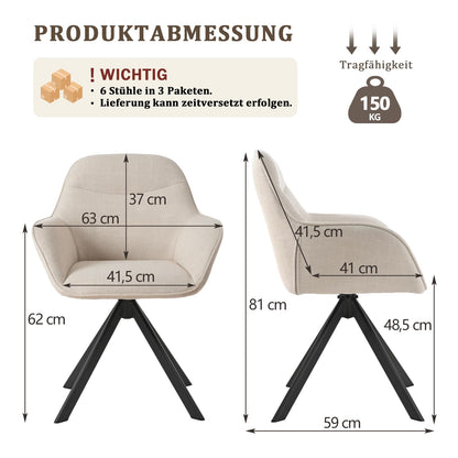 Goeurvant Esszimmerstühle 6er Set, 360° drehbar, Leinen, Beige