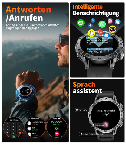 LIGE Smartwatch Herren EF18-A mit Telefonfunktion, IP68, Schwarz
