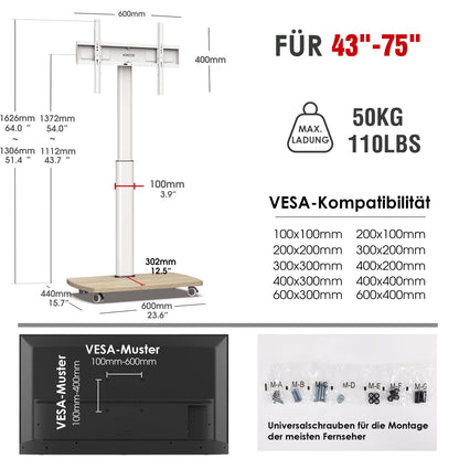 AOKCOS TV Bodenständer Rollbar mit Holzregal für 43-75 Zoll