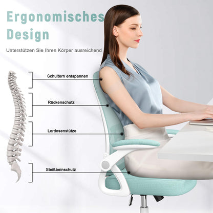 naspaluro Bürostuhl mit Verstellbaren Armlehnen, Ergonomischer Schreibtischstuhl mit Netzbespannung, Lordosenstütze, Höhenverstellbarer, Gepolstertem Sitzkissen, 360° Drehstuhl, Grün