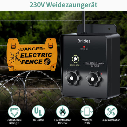 briidea Weidezaungerät 230V Elektrozaungerät 3 Joule 10.000 V