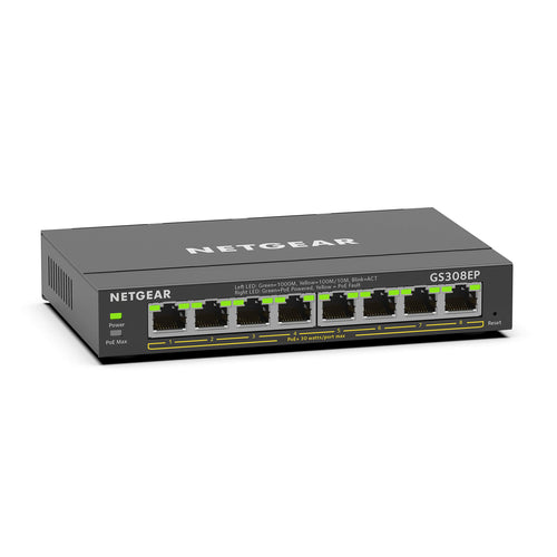Netgear GS308EP PoE+ Switch 8 Port Gigabit Plus, schwarz. Vernetzt und speist Endgeräte über 8 Gigabit PoE+ Ports.