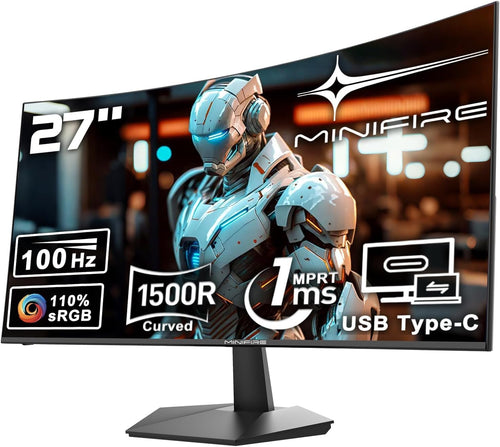 Minifire Curved Monitor 27 Zoll 100Hz PC Bildschirm - Schwarz. Schwarzer, gekrümmter 27-Zoll-Monitor mit 100Hz für PC-Anwendungen.
