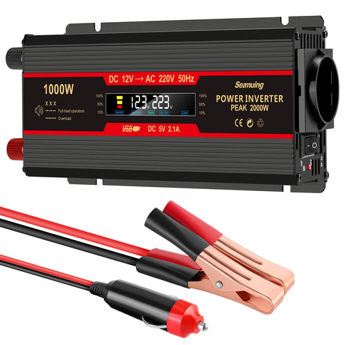 Seamuing 2000W Wechselrichter 12V auf 230V für Auto LKW, rechteckig, schwarz. Wandelt 12V DC in 230V AC für 230V-Geräte am 12V-Bordnetz.