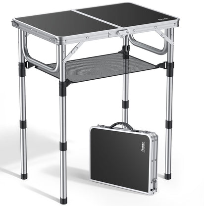 Anbte Campingtisch klappbar 60x40cm, höhenverstellbar, schwarz mit Aluminiumrahmen und MDF-Tischplatte