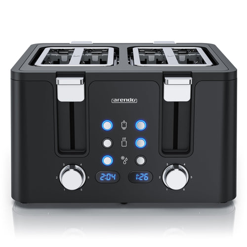 Arendo MANANA X2 Toaster 4 Scheiben Edelstahl, schwarz, mit Brötchenaufsatz und LED-Restzeitanzeige
