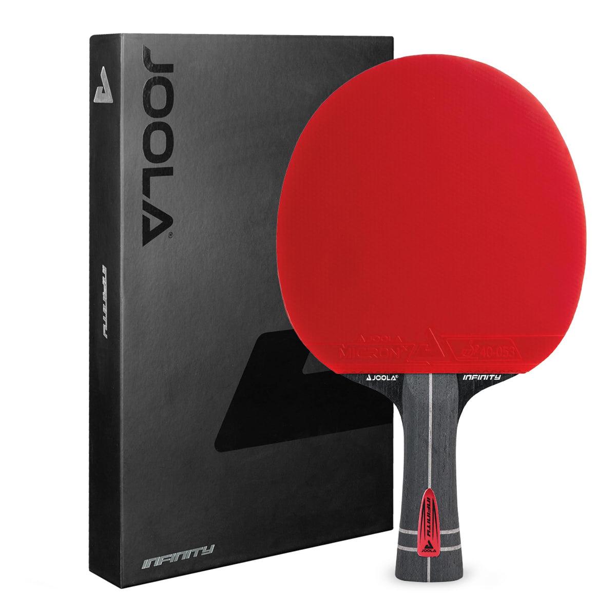 JOOLA Infinity Tischtennisschläger - Profi Carbon ITTF. Rundes Schlägerblatt mit roten und schwarzen Belägen für präzises Tischtennisspiel und ITTF-Wettkämpfe.