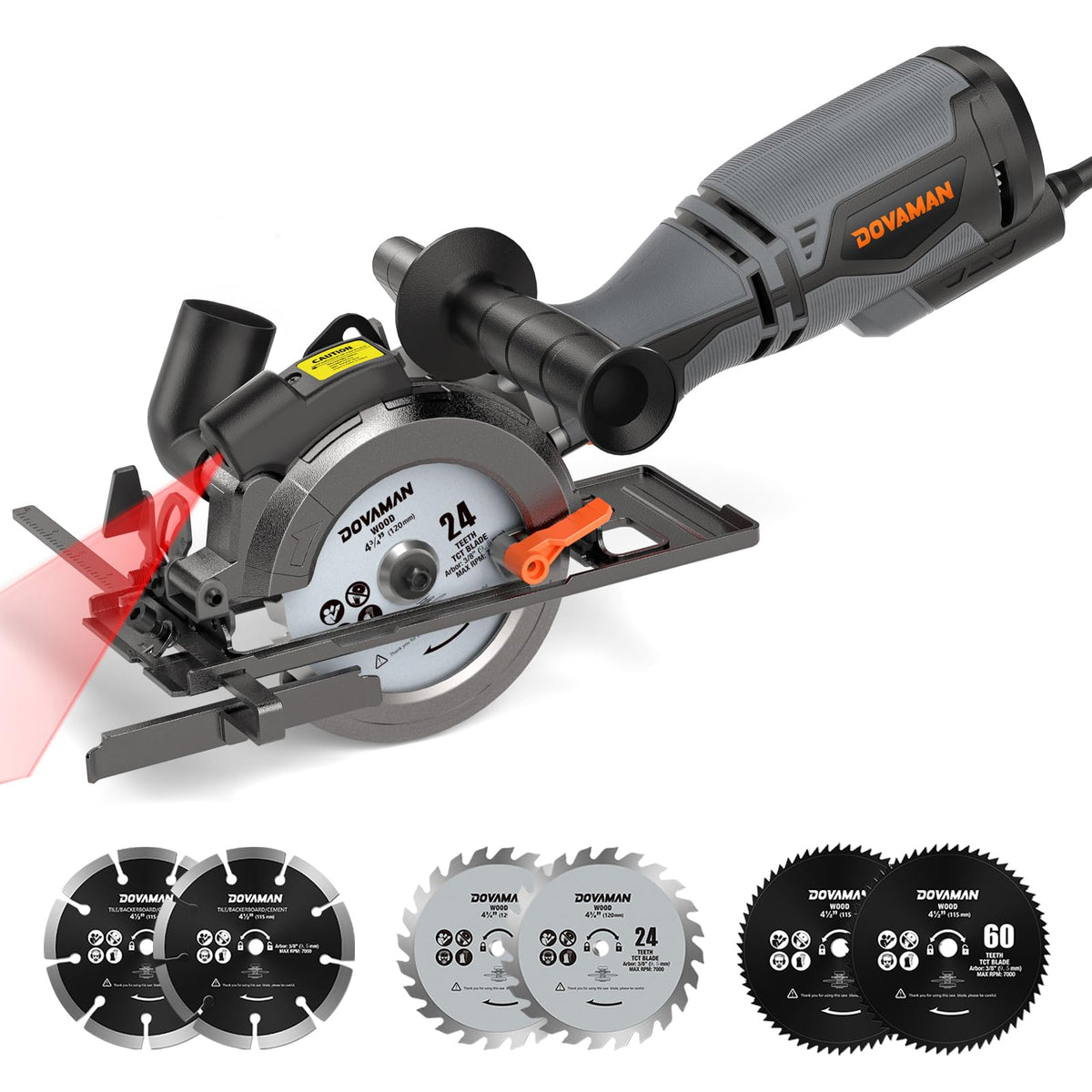 DOVAMAN Mini Handkreissäge, 710W, 115mm. Kompaktes Gerät mit Metall-Hilfsgriff und Laserführung. Schneidet Holz, Metall, Kunststoff, Fliesen bis 43mm Tiefe.
