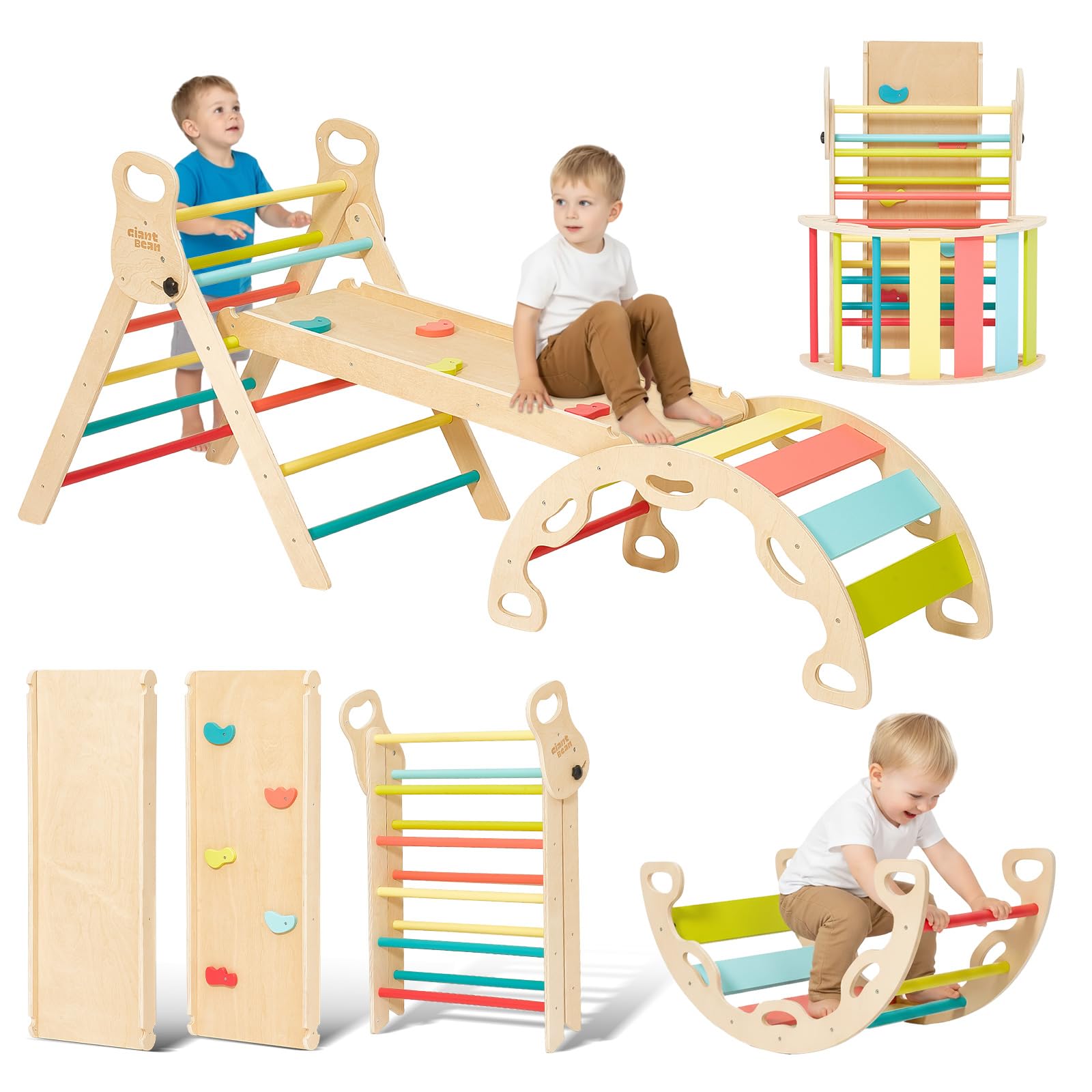 Giant bean 5-in-1 Montessori Kletterdreieck - Regenbogen (M). Dreieckige Holzrahmenkonstruktion in Regenbogenfarben zur Förderung motorischer Fähigkeiten.
