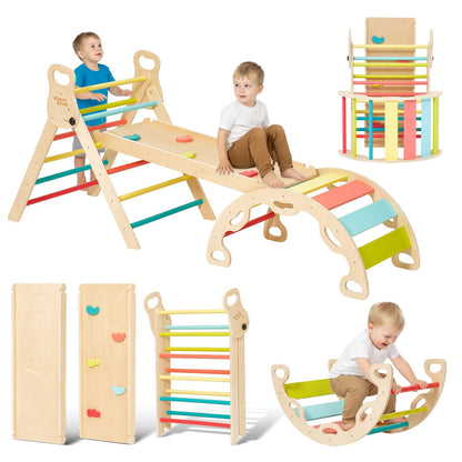 Giant bean 5-in-1 Montessori Kletterdreieck - Regenbogen (M). Dreieckige Holzrahmenkonstruktion in Regenbogenfarben zur Förderung motorischer Fähigkeiten.