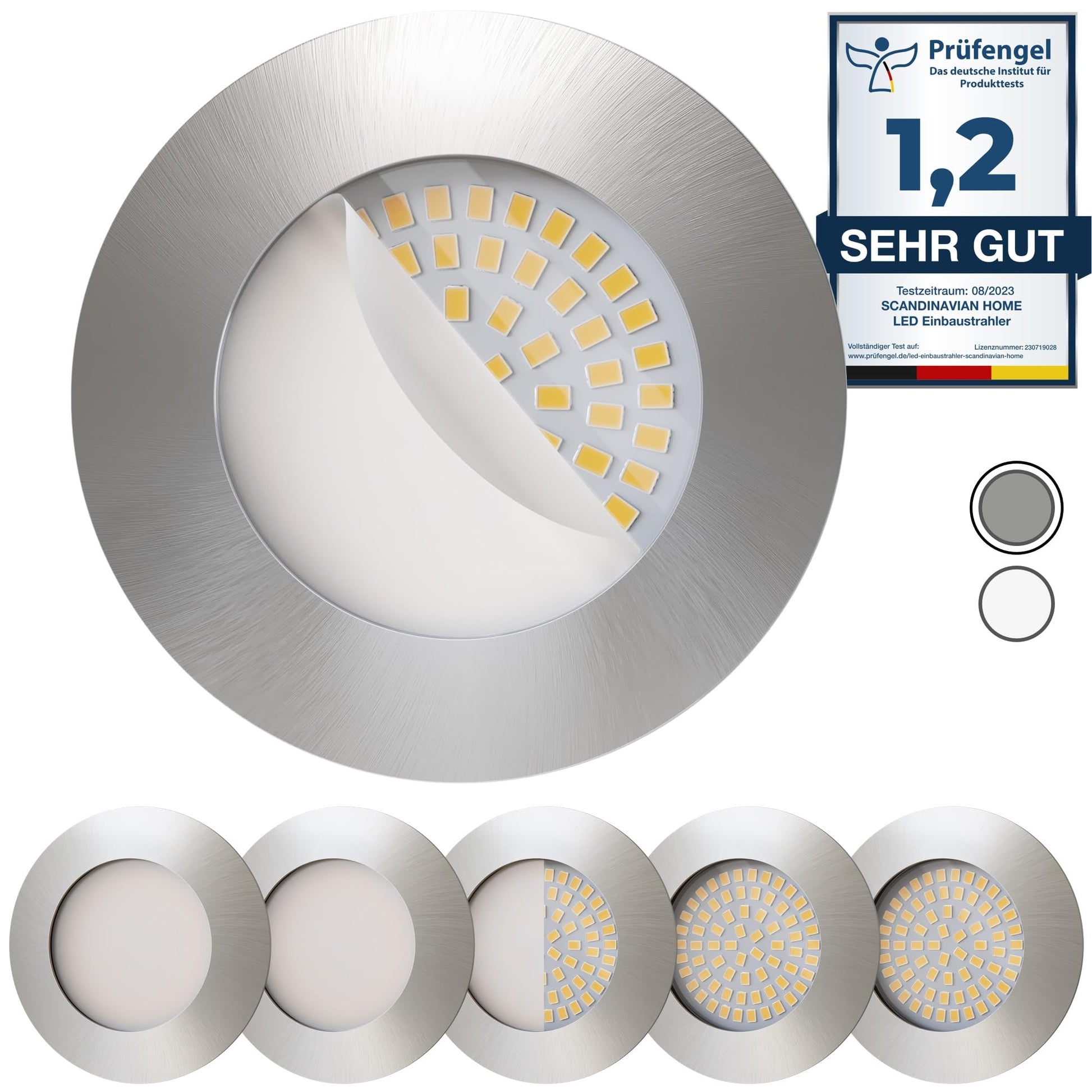 Scandinavian home 6er LED Spot Set Ø 68mm Warmweiss Edelstahl: Sechs runde Edelstahl-Spots für die warmweiße Beleuchtung von Innenräumen.