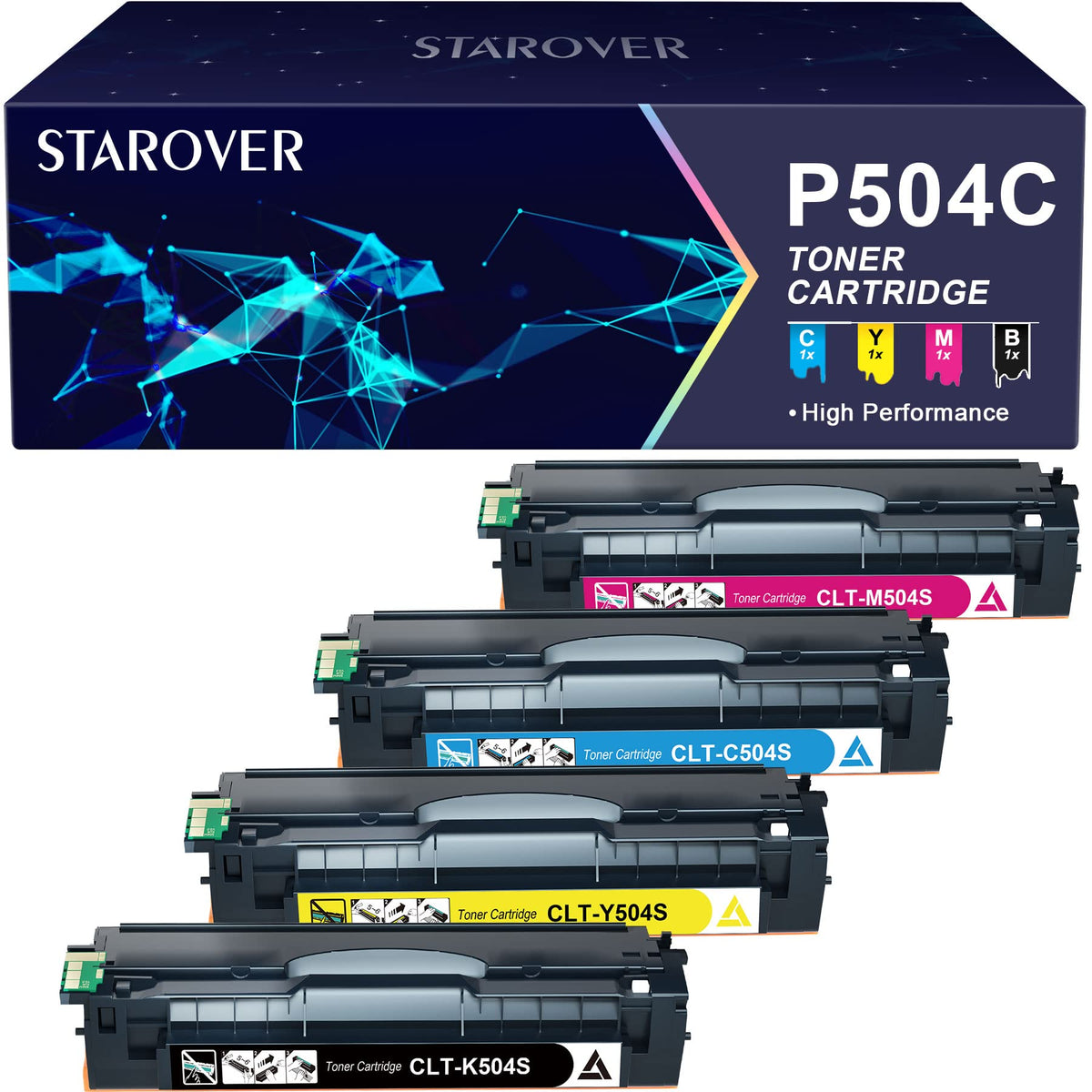 STAROVER Toner kompatibel für Samsung CLT-P504C 4er-Pack: Rechteckige Tonerkartuschen (CMYK) für Farbdruck im Laserdrucker.