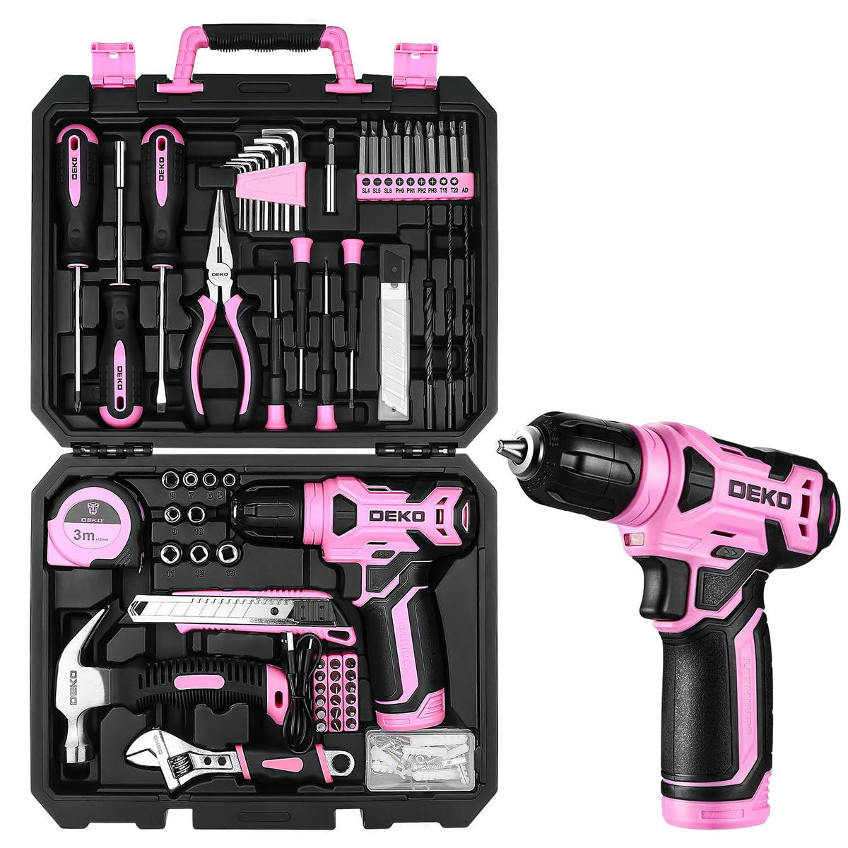 DEKO Werkzeugkoffer 126-teilig mit 8V Akkuschrauber, Rosa, Werkzeuge aus verchromtem CR-V-Stahl