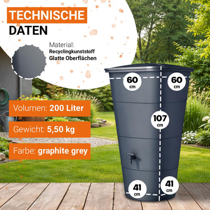GARANTIA Ibiza Regentonne eckig 200 Liter Graphite Grey mit Deckel